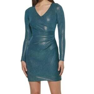 GUESS SZ 16 XL Plus teal gold textured vneck long sleeve ruched dress NWT B137
